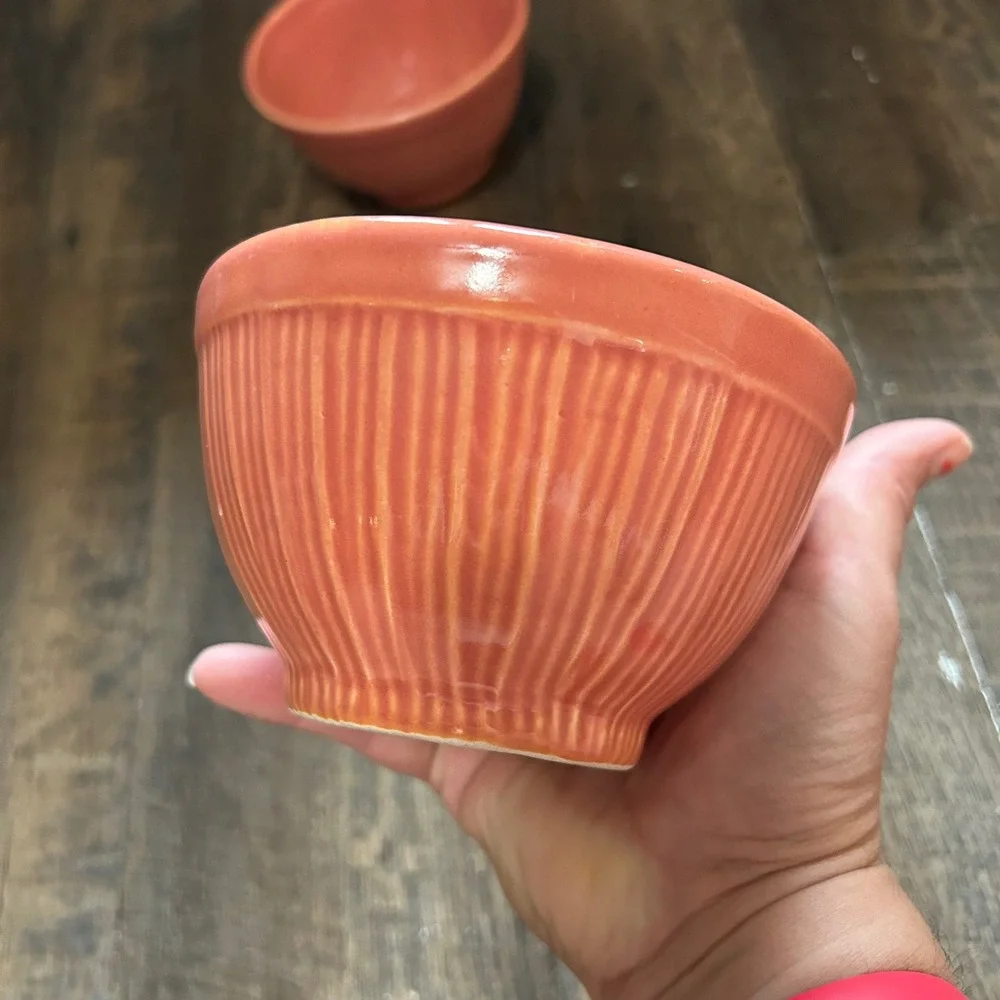 Barbara Eigen Pottery Ribbed Coral Glazed Ceramic Bowls Set of 2 Made in USA MCM